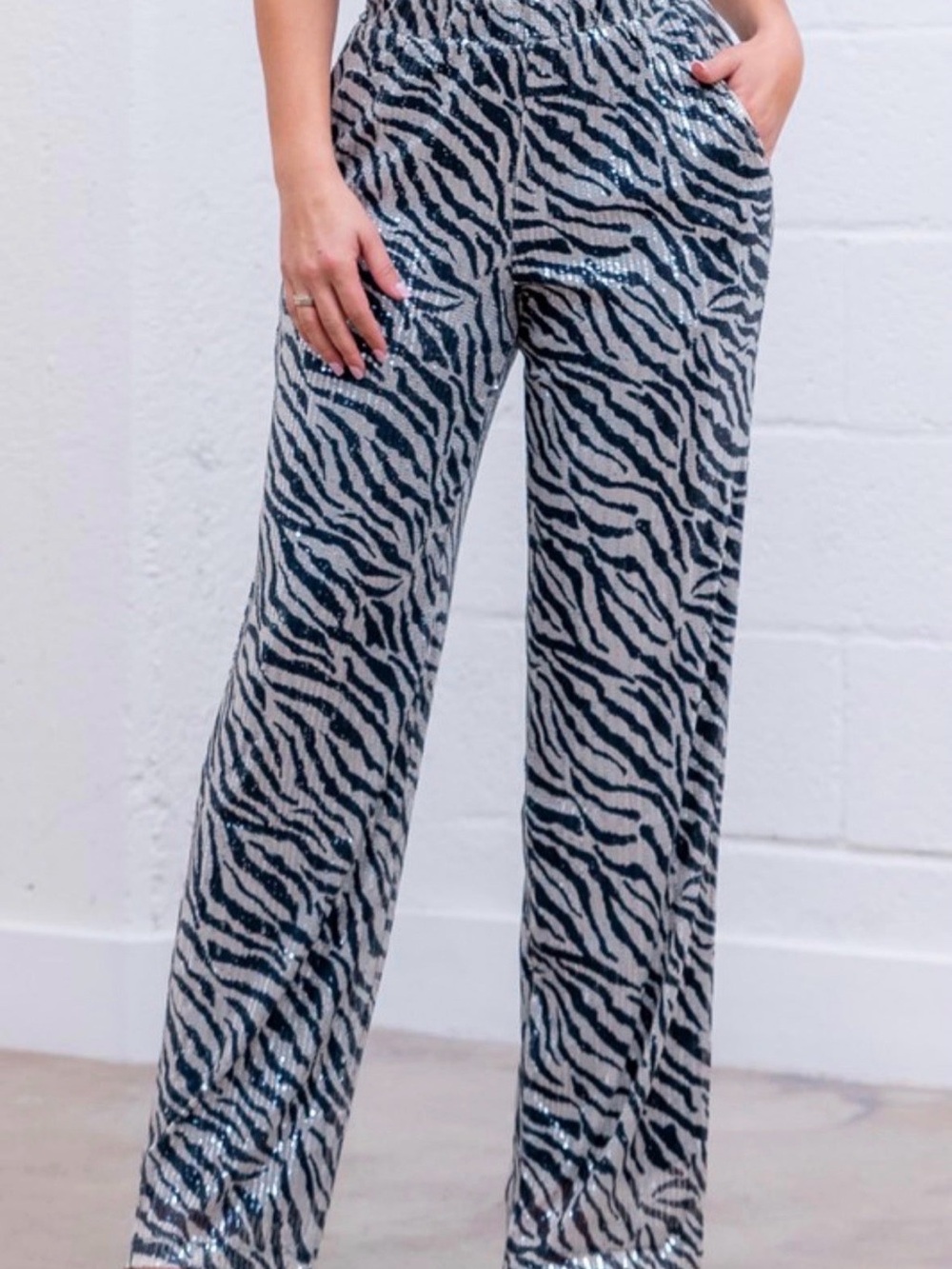 High-Rise Zebra Print Wide-Leg Pants - Black & White sequins